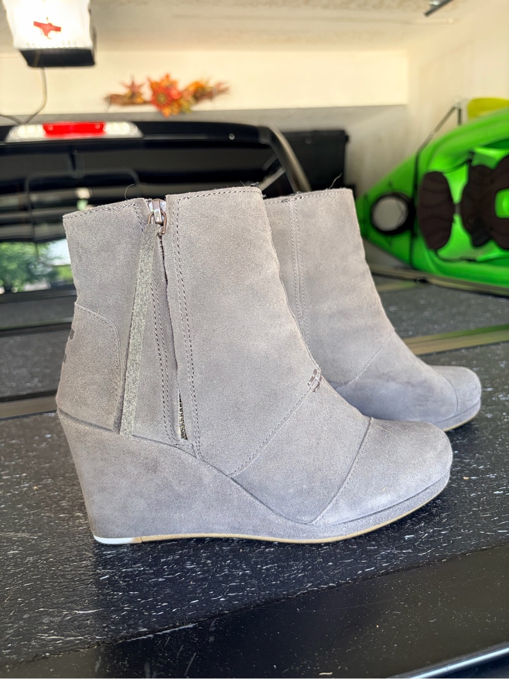 TOMS Women's Grey Suede Wedge Ankle Boots - Stylish Zip Detail